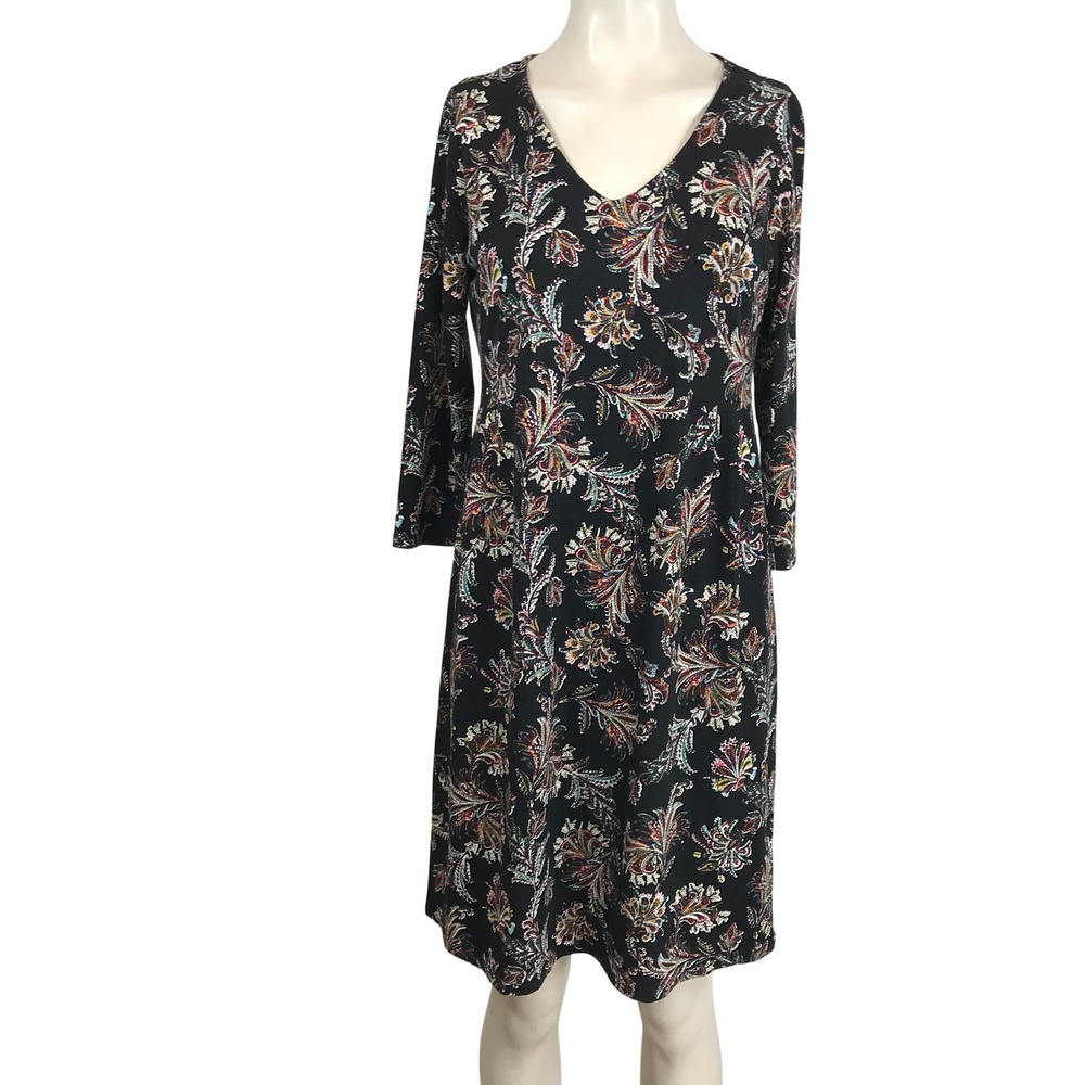 J.Jill Wearever Collection Black Paisley Print V Neck 3/4 Sleeve Dress XS